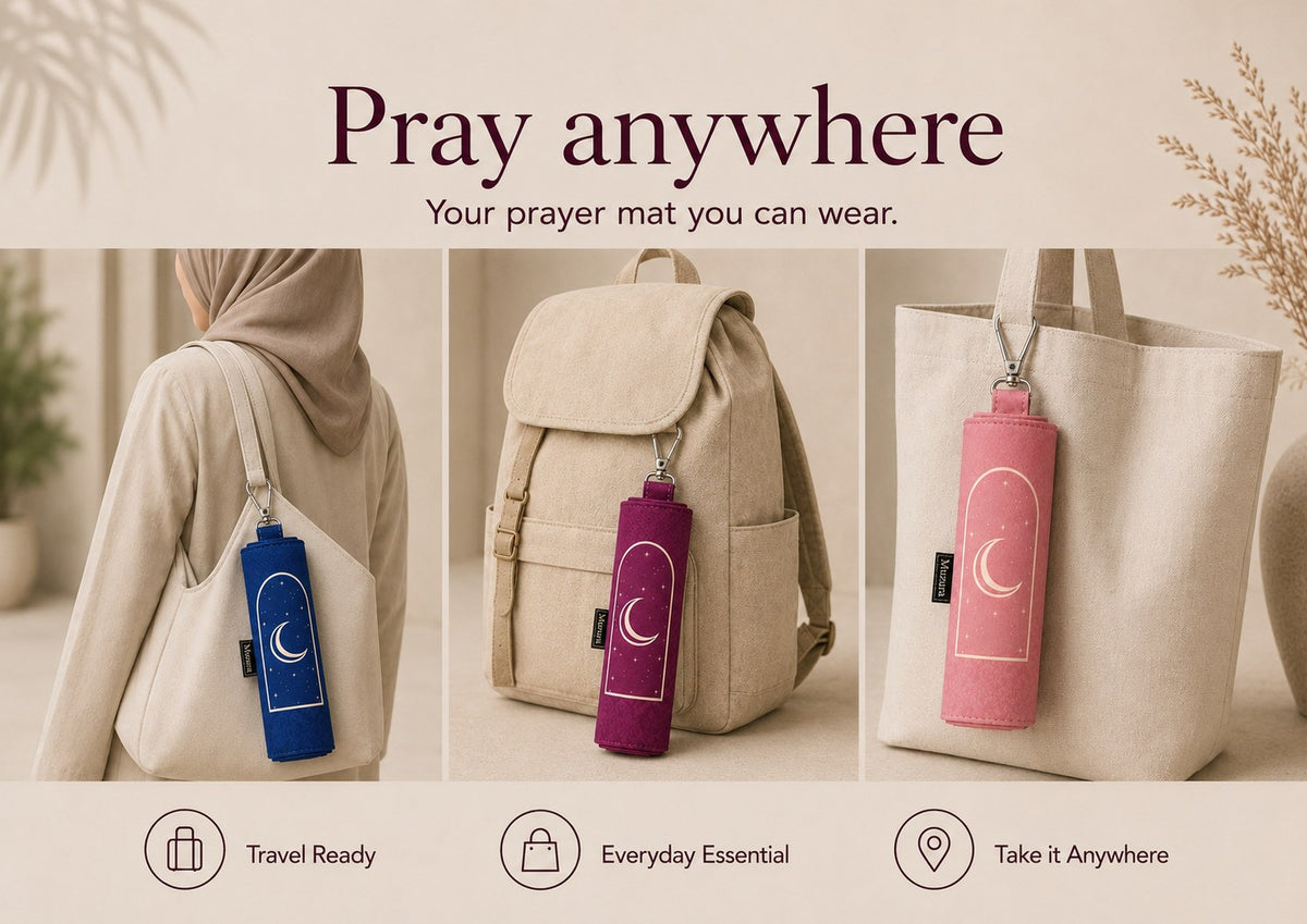 Muzura prayer mats in navy, burgundy and rose, clipped to everyday bags.