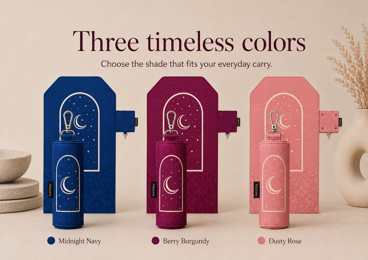 Three timeless colors. Choose the shade that fits your everyday carry. Midnight Navy, Berry Burgundy and Dusty Rose, shown open and rolled.