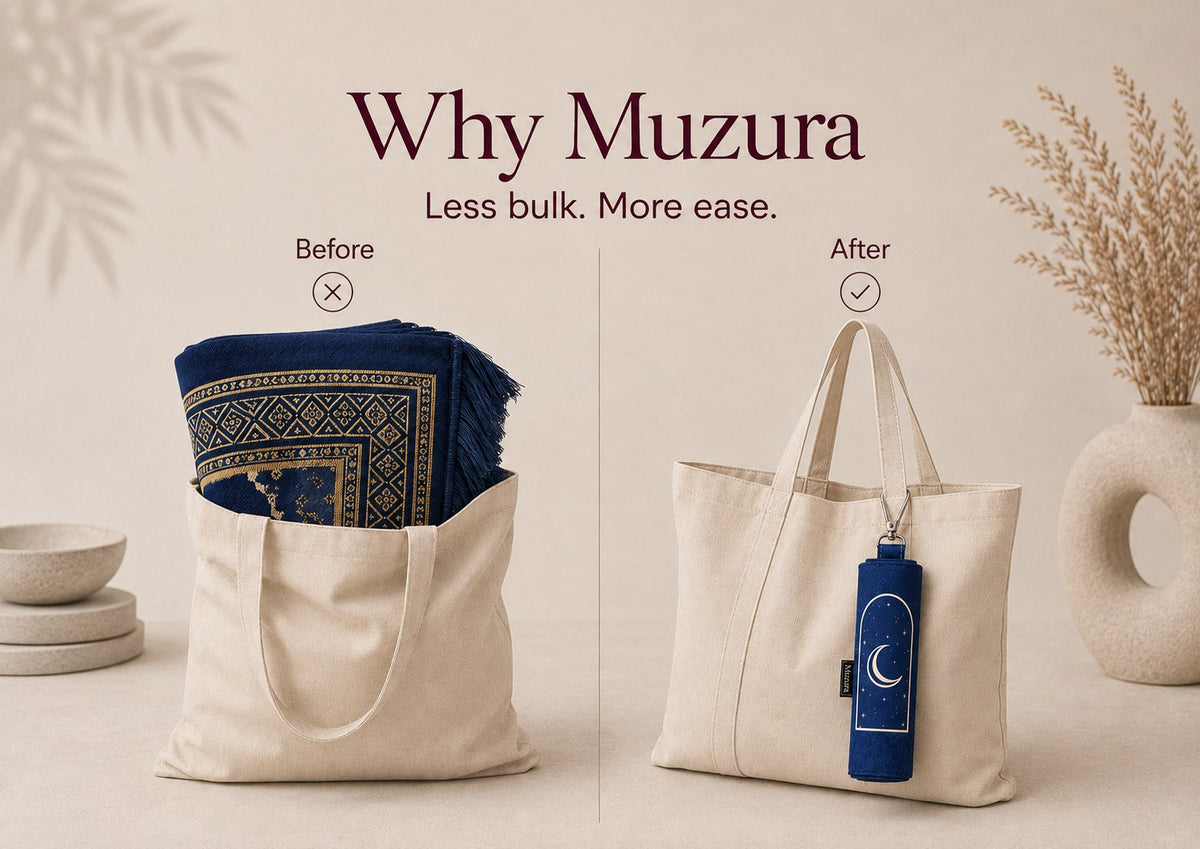Why Muzura. Less bulk, more ease. Before: a traditional mat fills a tote. After: a rolled Muzura mat clips to the outside.
