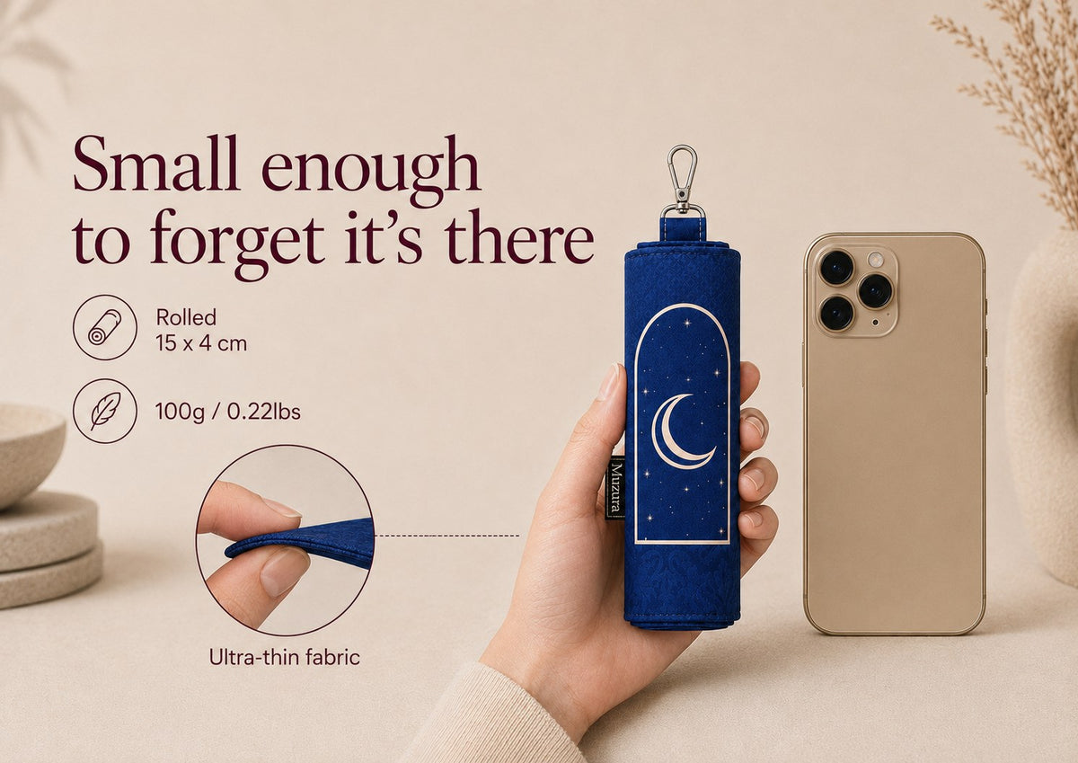 Small enough to forget it is there. Rolled mat beside a phone. Artwork lists rolled size 15 by 4 cm, 100 g and ultra-thin fabric.