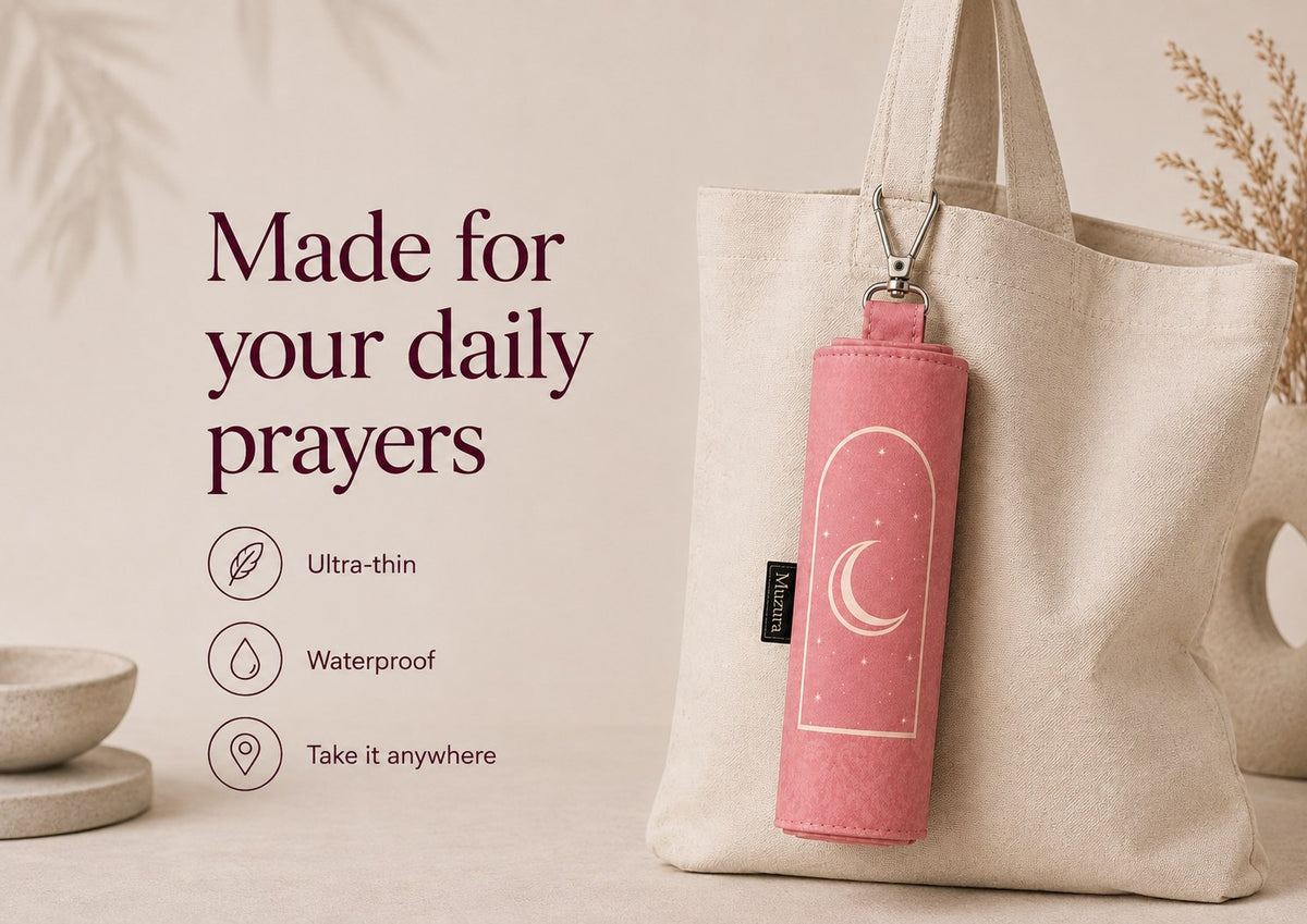 Made for your daily prayers. Dusty Rose mat clipped to a bag. Ultra-thin, waterproof, take it anywhere.
